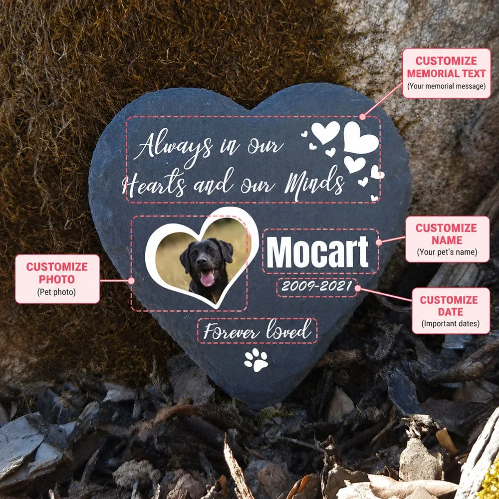 Custom Photo Pet Memorial Stone Personalized Name Date Heart Slate Dog Cat Grave Marker Outdoor Garden Plaque