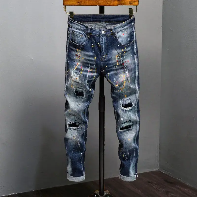 New High Quality Men's Clothing Casual Slim Pencil Pants Distressed Paint Patch Color Ink Graffiti Designer Long Jeans Trousers