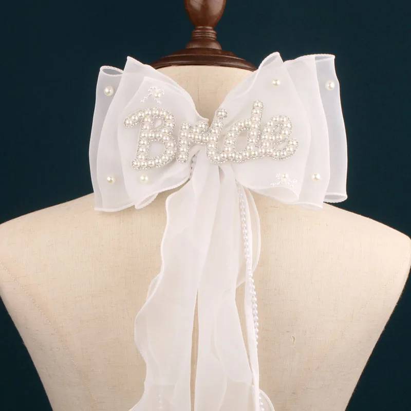 

Элегантная фата невесты с жемчужным бантом и зажимом-крокодилом для свадебных церемоний и украшения на девичник