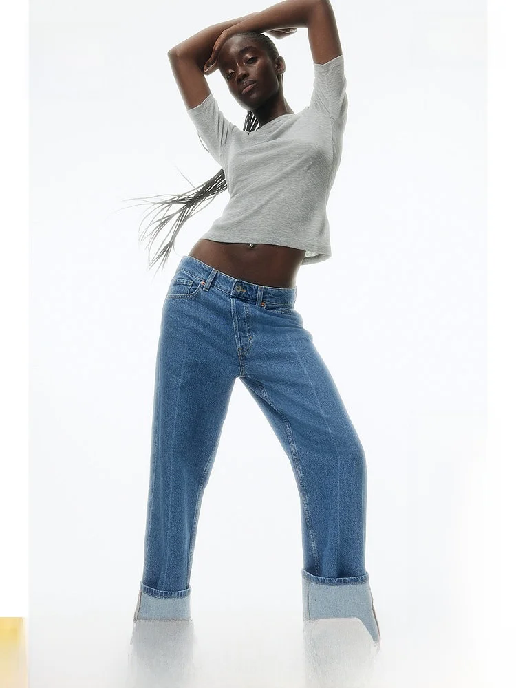 

H&M Women's Jeans Summer 5 Pocket Casual Fashion Straight Leg Long Pants Standard Fit Cotton 100% Natural Waist Long Trousers