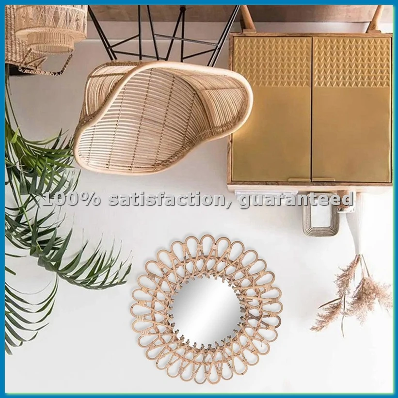 40Cm Nordic Wicker Wall-Mounted Mirror Rattan Round Dressing Mirror Room Bathroom Decor Wall Hanging Mirror-AT35