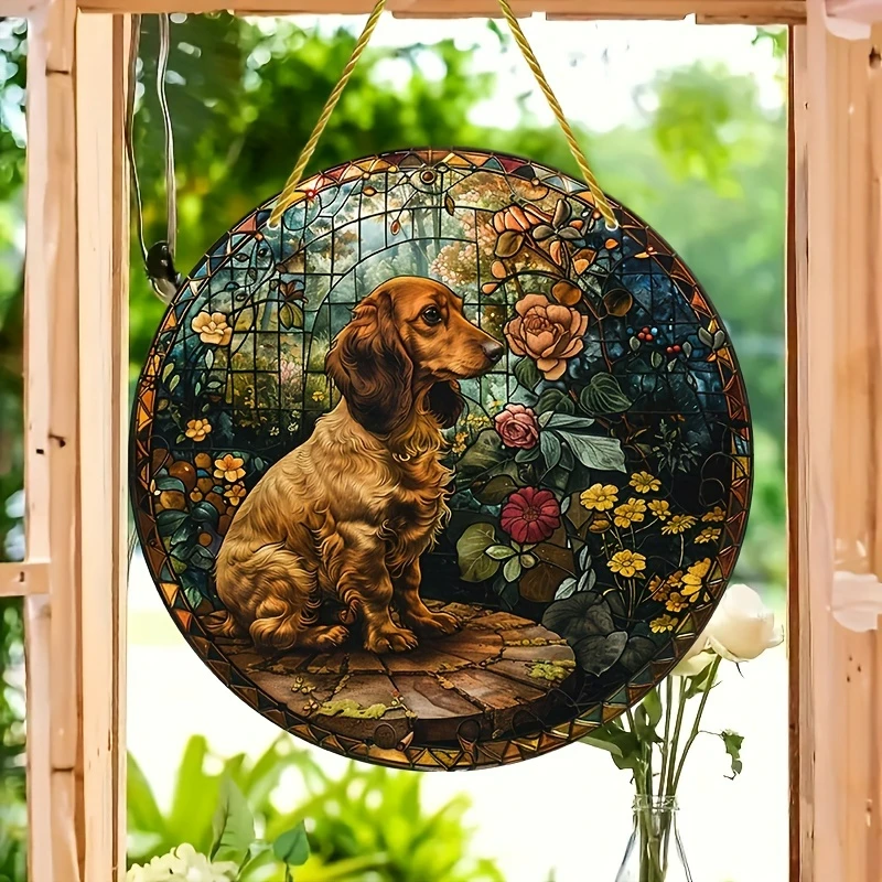 Dachshund Suncatcher Stained Window Hanging Acrylic Sign Christmas Ornament Winter Decor Round Signs Wreath Center Decor