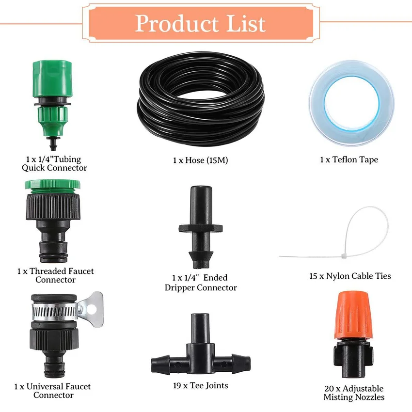 

Adjustable Orange Misting Kit for Outdoor Low-Pressure Summer Cooling, Garden Spraying, Spray Cooling and Humidification