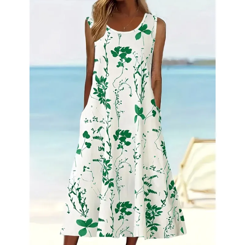 

Women's Summer Fashion Printed Midi Dress Elegant Round Neck Loose A-line Dresses Ladies Beach Vacation Comfortable Vestidos