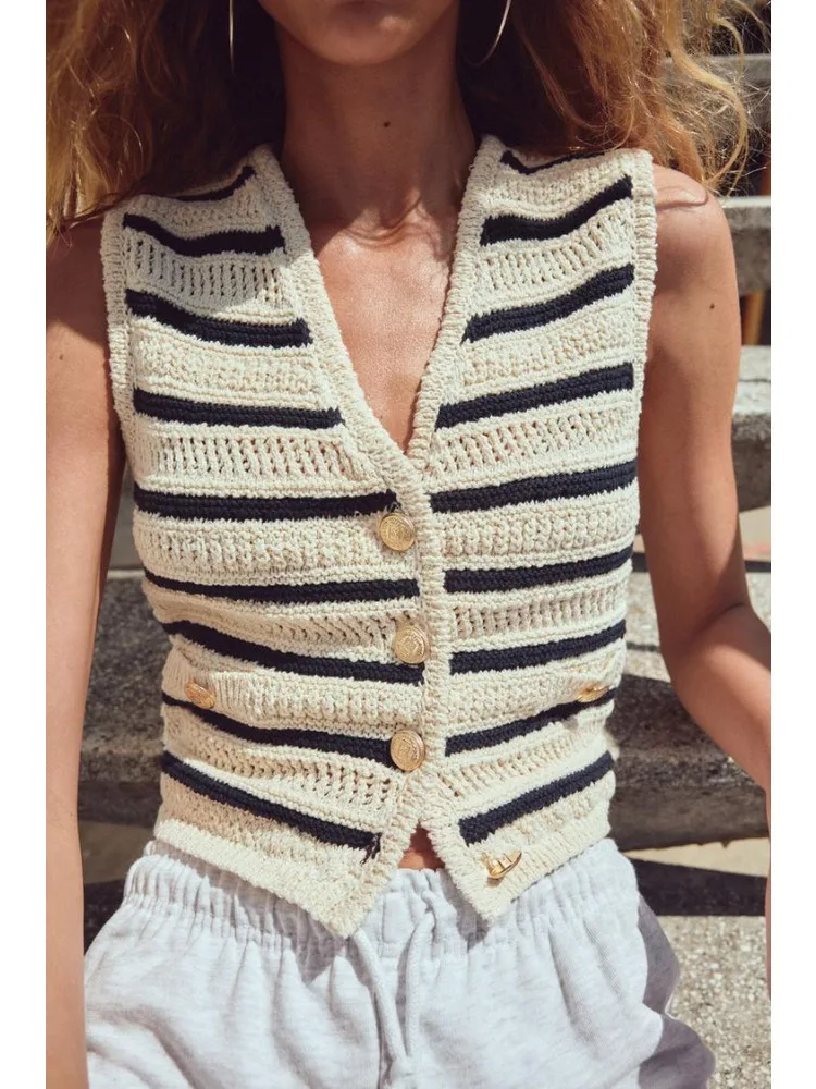 Women's Fashion Stripe Knit Top 2024 Female High Street V-neck Sleeveless Front Button Versatile Female Chic Vest