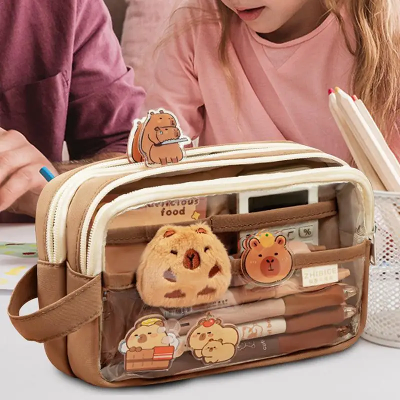Clear Pencil Case With Cute Capybara Plush And Pins Aesthetic Pencil Pouch Cute Office Large Capacity Multi-layers Pen Case