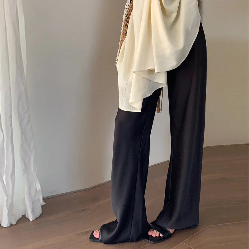 Women's Pants Satin Wide Leg Pants Long Floor Standing Casual Pants Elegant Straight Leg Wide Leg Pants 2024 Women's Summer