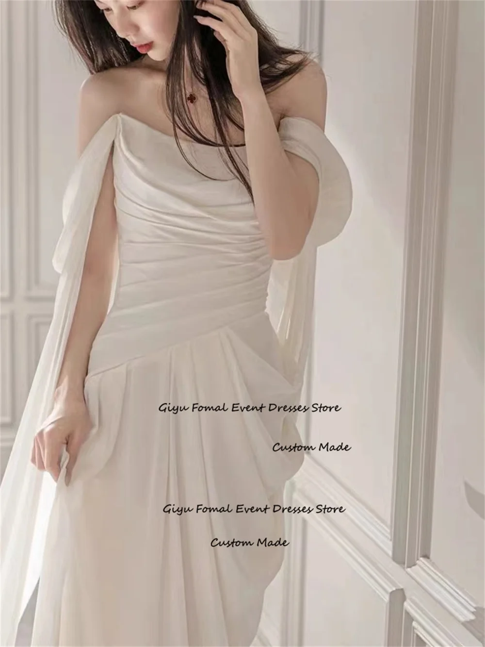 Giyu Elegant Pleat Korea Wedding Dress Photoshoot Off The Shoulder Floor-length Vestidos Novias Boda 웨딩드레스 Bridal Gown