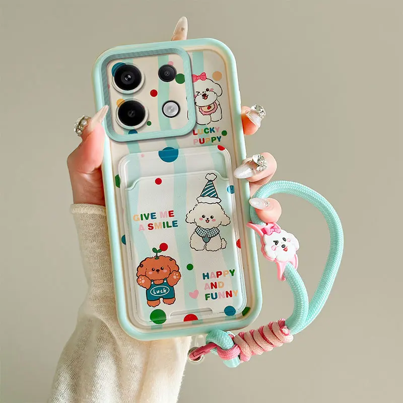 Cartoon Kuromi Card Slot Bag Phone Case for Xiaomi Redmi Note 13 Pro 12 11S 10 10T 10S 9A 9AT 9T A3x Cute Dog Strap Wallet Cover