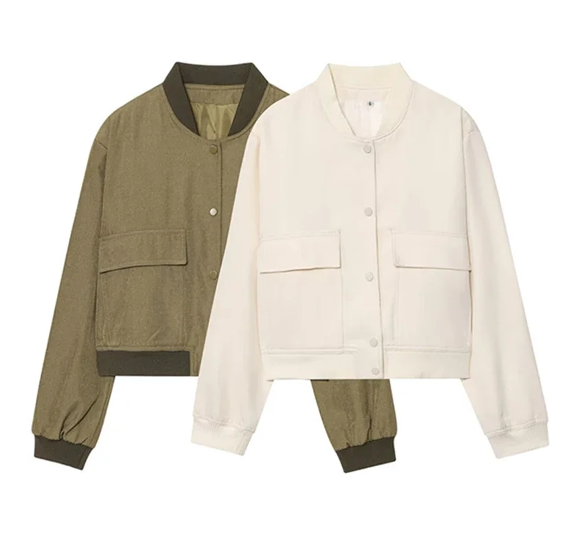 

Women's Short Style Bomber Jackets Outwear Coat Stand Collar Jacket Coat Spring Autumn Arrival Large Pocket Loose Fit Jacket