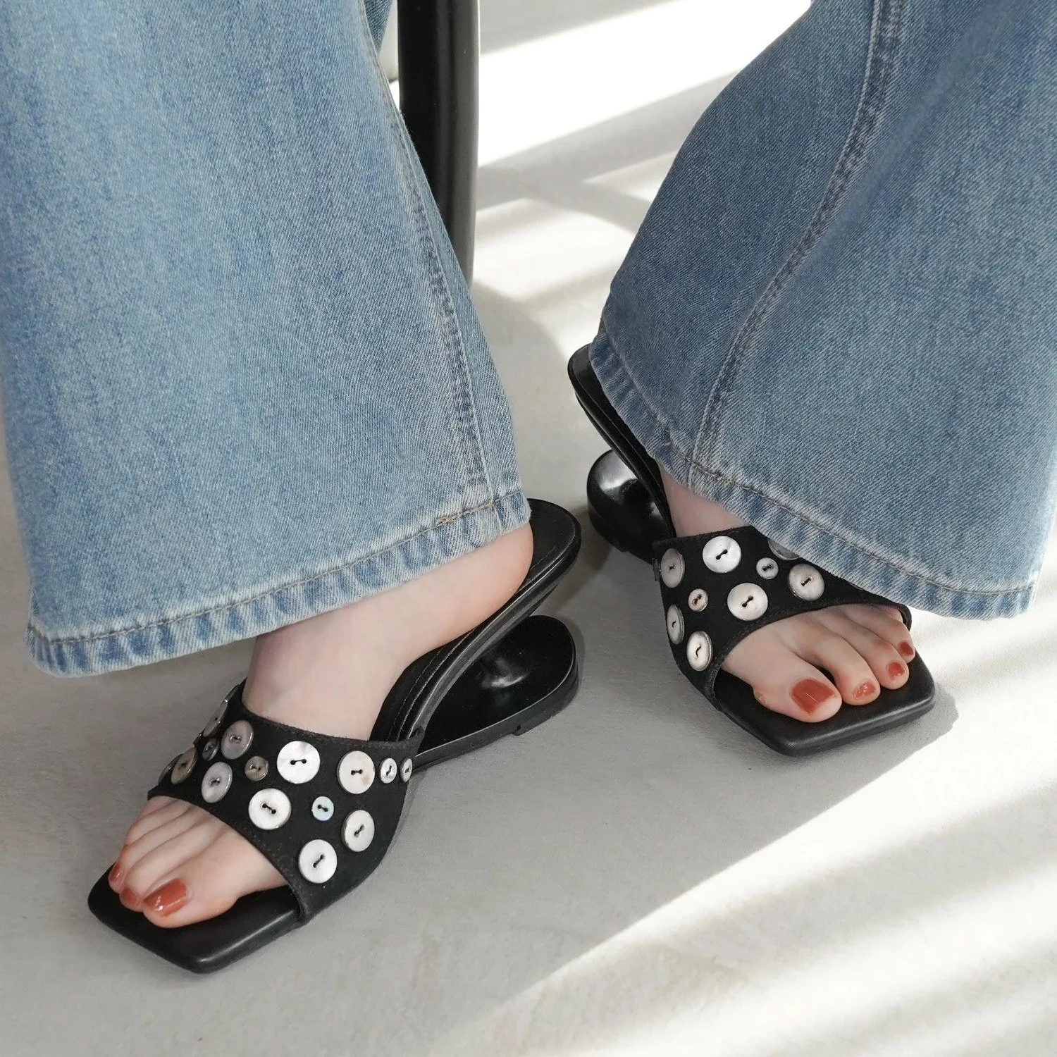 Natural Button Embellishment Slipper Sculptural Curved Irregular High Heel Open Toe Dress Sandal Evening Wedding Party Dress