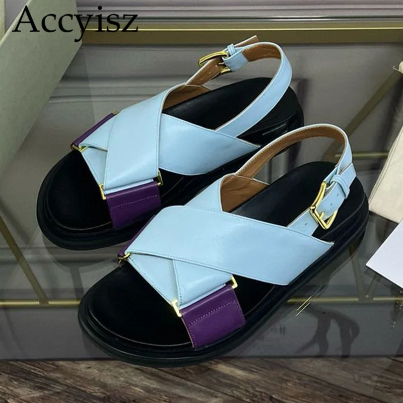 

Summer New 2024 Genuine Leather Thick Sole Colored Cross Strap Sandals for Women's Versatile Open Toe Casual Commuter Shoes