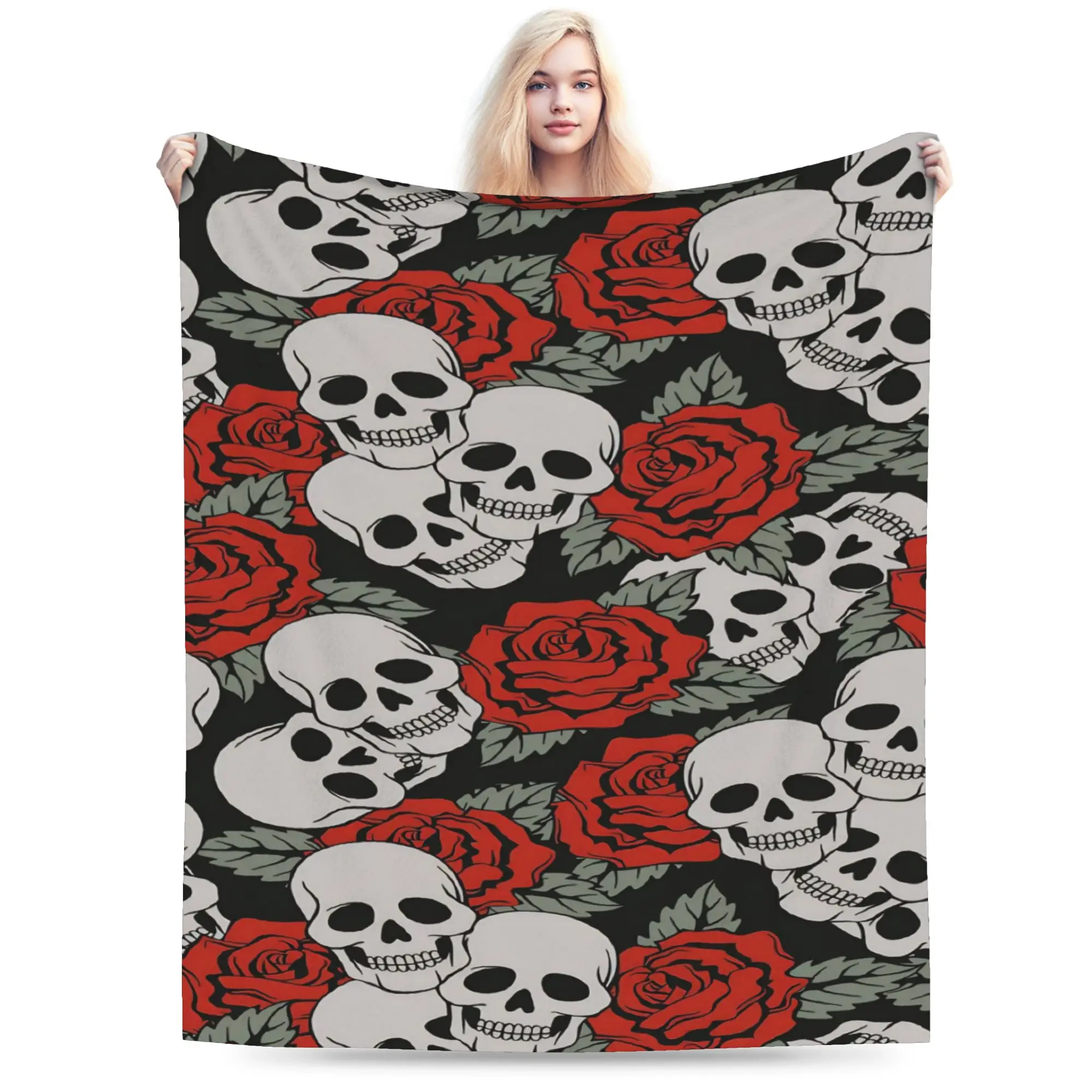 Halloween Skulls And Flowers Gothic Goth Blankets Super Soft Flannel Novelty Present  Throw Blankets Bedspread