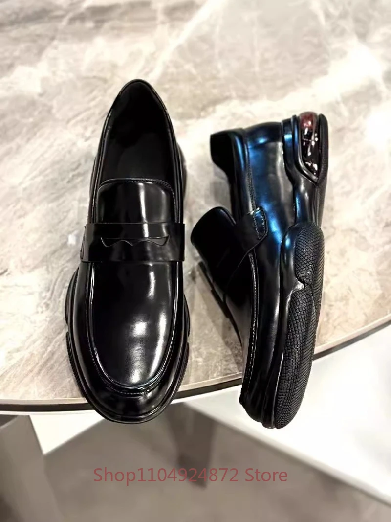 

British Style Slip on Genuine Leather Shoes Men's Casual High-end Air Cushion Thick Sole Loafers Male Office Party Oxfords Black