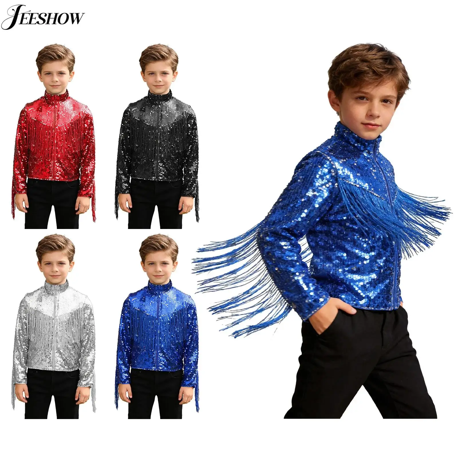 

Kids Girls Jazz Dance Performance Sequins Long Sleeve Jacket Sparkly Sequined Front Zipper Fringed Coat Cowboy Party Costume
