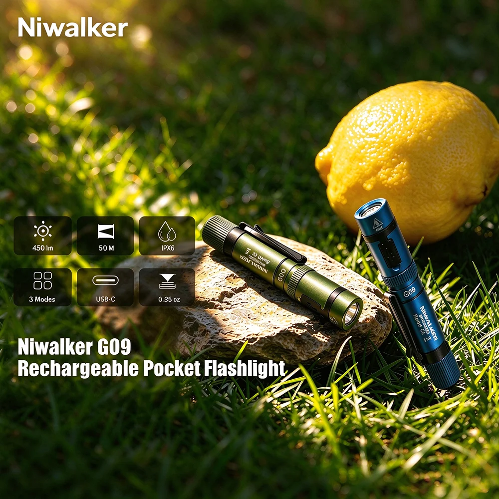Niwalker G09 Rechargeable Pocket Flashlight 450 Lumens USB-C High Power Cool White 6500k EDC Light With Clip Tactical Torch
