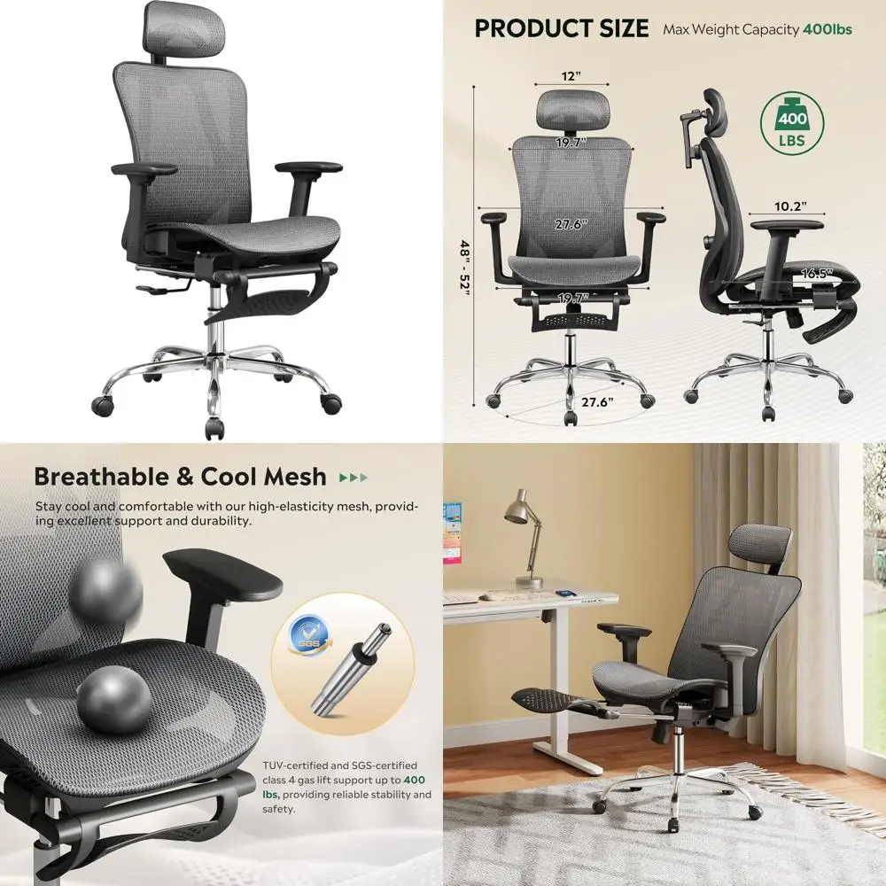 

Ergonomic High-Back Mesh Office Chair with Adjustable Lumbar Support, Reclining Gaming Chair, Retractable Footrest, Heavy Duty,