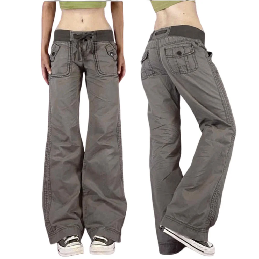 

Personality Street Female Cargo Pants, Elastic Waist Strap Straight Leg Low Waist Washed Cloth Trousers