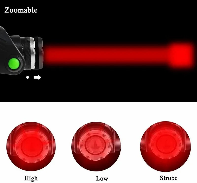 Lampe frontale LED rouge D2, 3 Modes, Zoomable, la plus brillante, pour la chasse, Rechargeable, pour le Camping en plein air