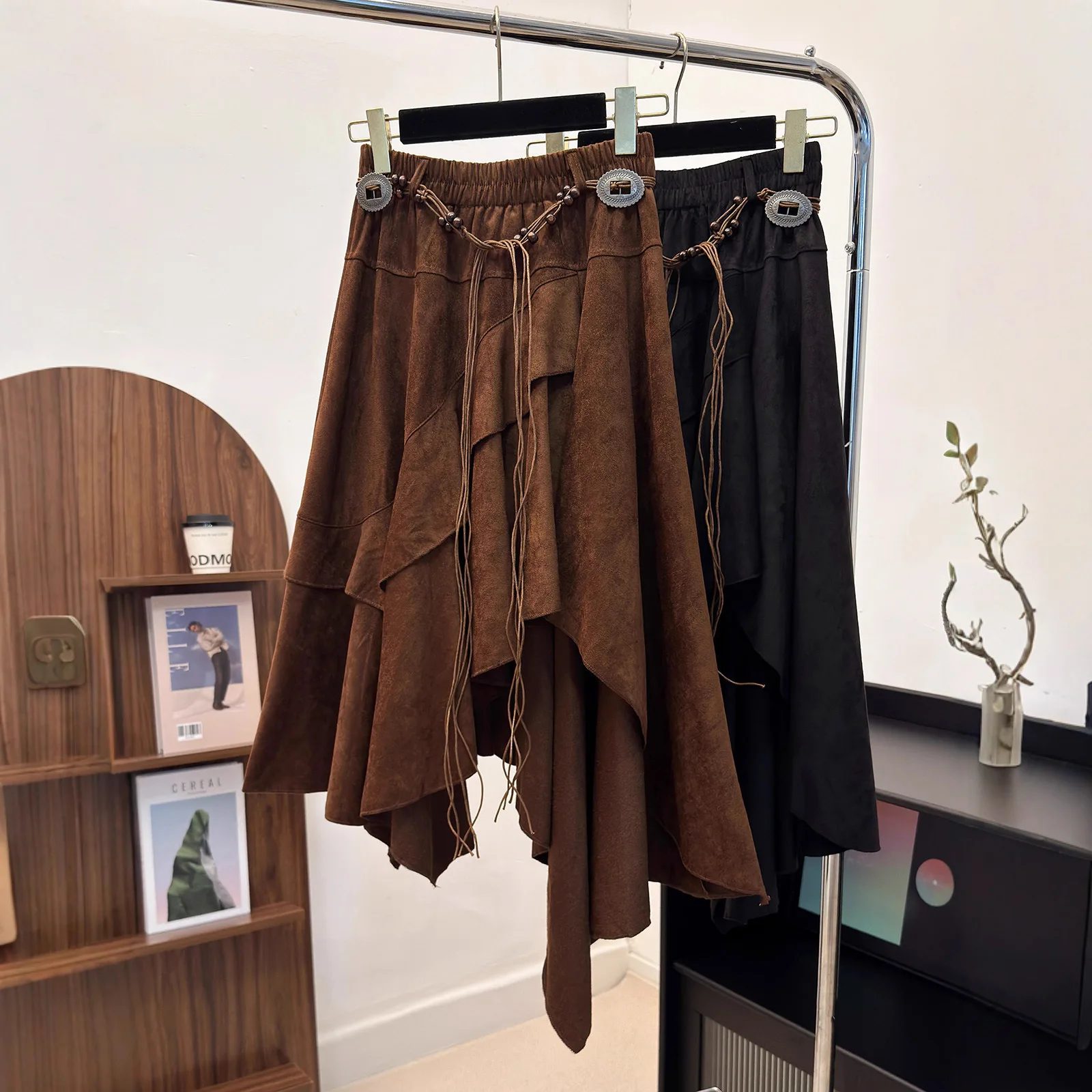 Women's Skirts 2026 Spring Stylish Midi Skirt Unique Design Irregular Suede Elastic Waist Belted Ruffle Skirt