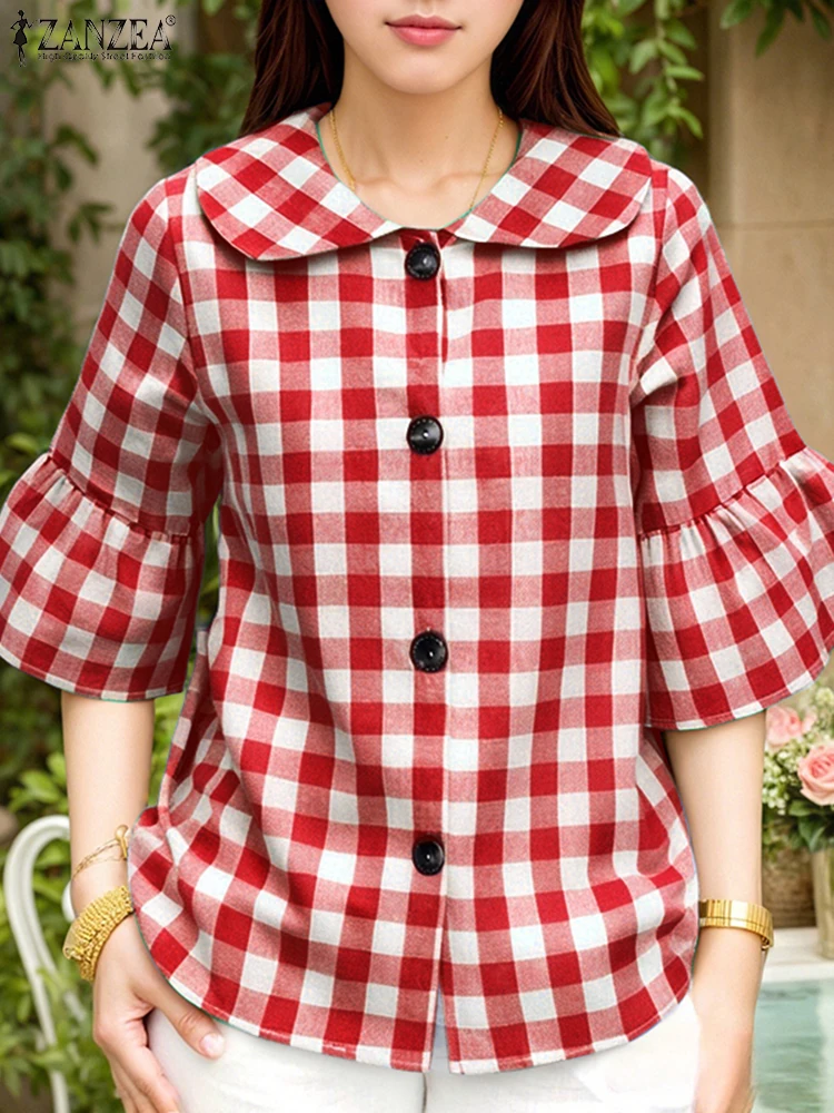 

ZANZEA Women Vintage Shirts Casual Plaid Blouses 2025 Summer 3/4 Flare Sleeve Fashion Checked Tunic Tops Loose Ladies Blusas