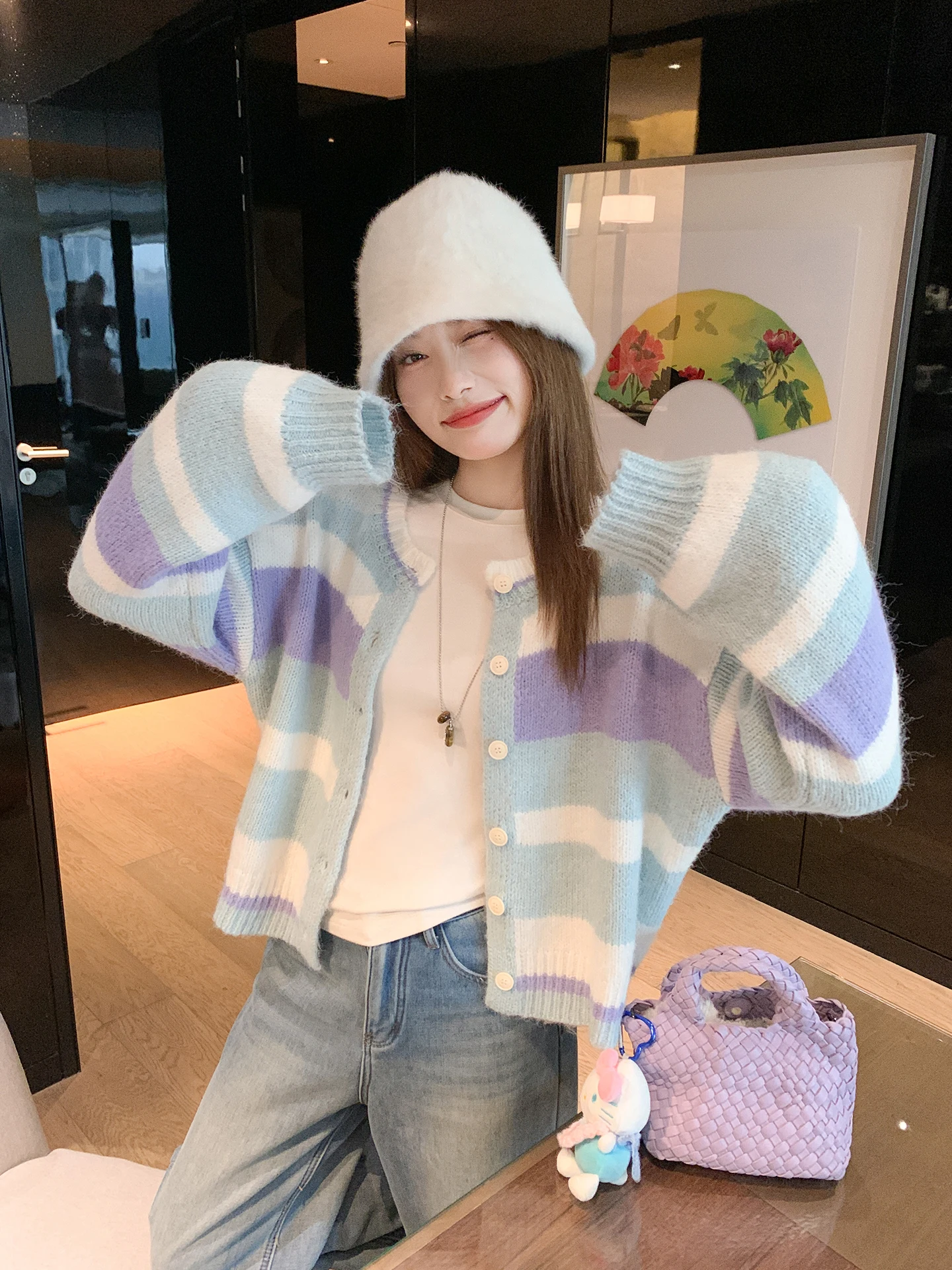 

Zeng Xiao Salt ort Knitted Open Cardigan Women's Loose Sweater Outerwear Autumn Winter Striped Korean Sle Commute Sle