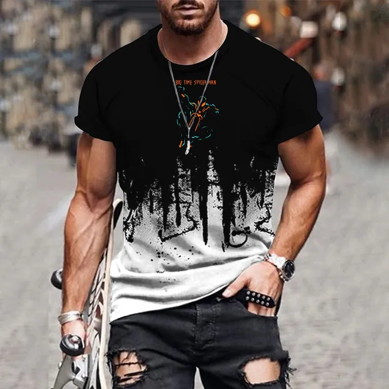 Trend gradient printing 2024 new casual loose short sleeved men\'s 3D digital printed T-shirt round neck loose fit