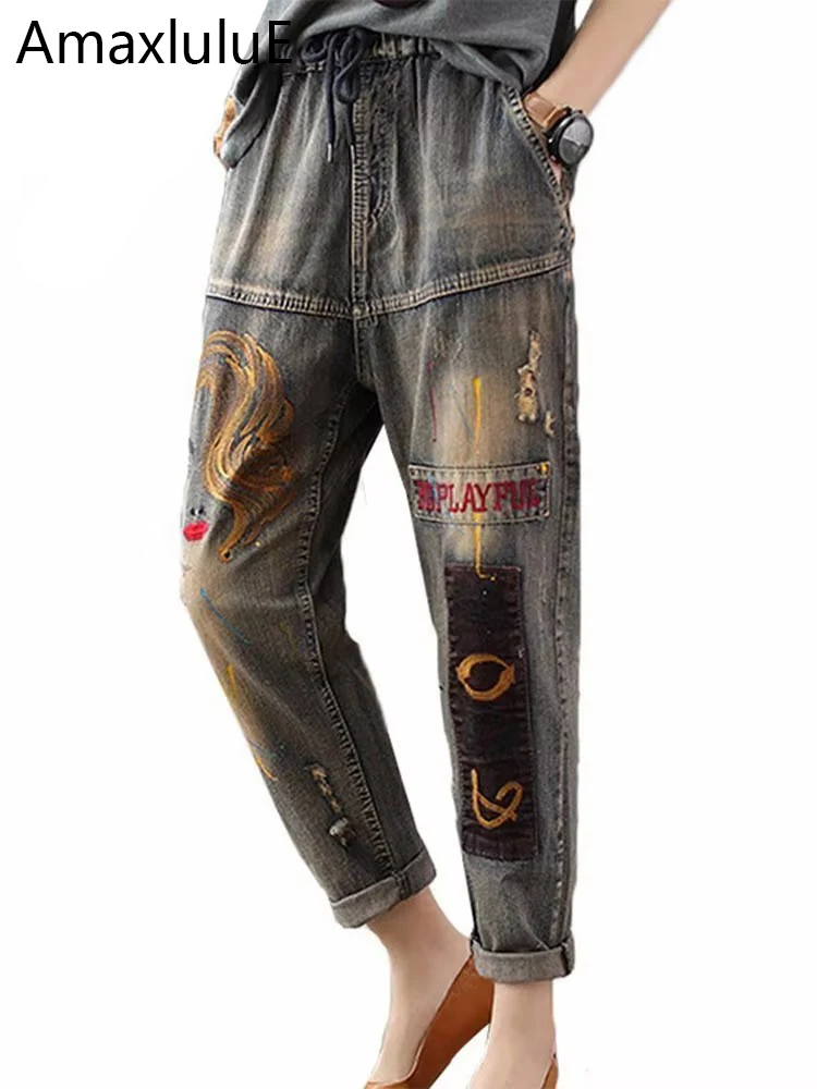 

Amax luluE Autumn Korean Streetwear Luxury Punk Ladies Embroidery Denim Pants Women Casual Ripped Jeans Vintage Elastic Trousers