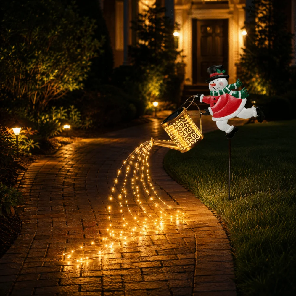 Warm LED String Christmas Snowman Light Metal Construction Outdoor Solar Powered Snowman Watering Can Decoration