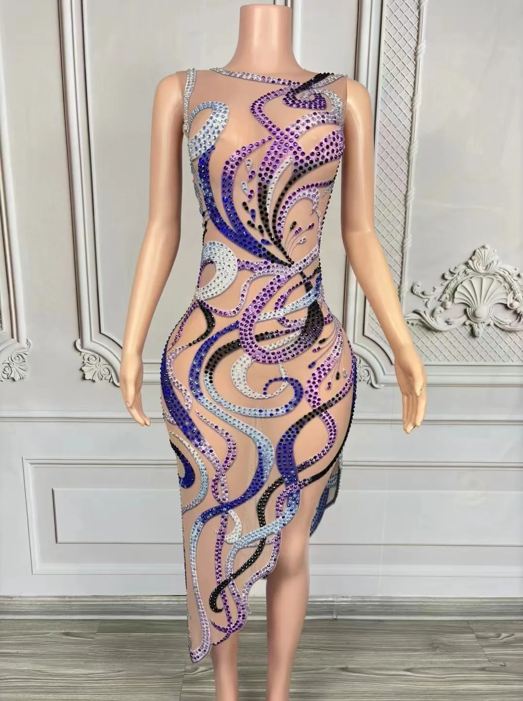 Nightclub Performance Clothing Full of Diamonds Multi-Color Mesh Dress Long Skirt Female Singer Model