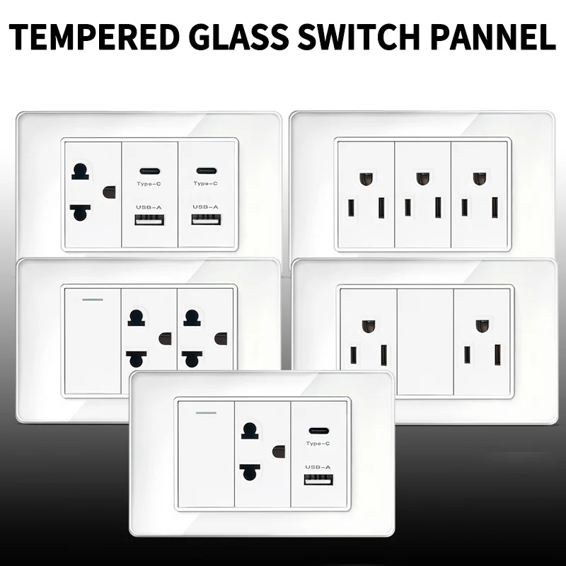 

​​Smart 118-Size Socket: 2xUSB-C PD & Dual AC Ports for Thai/US Devices, Crystal Glass Surface 110V​​