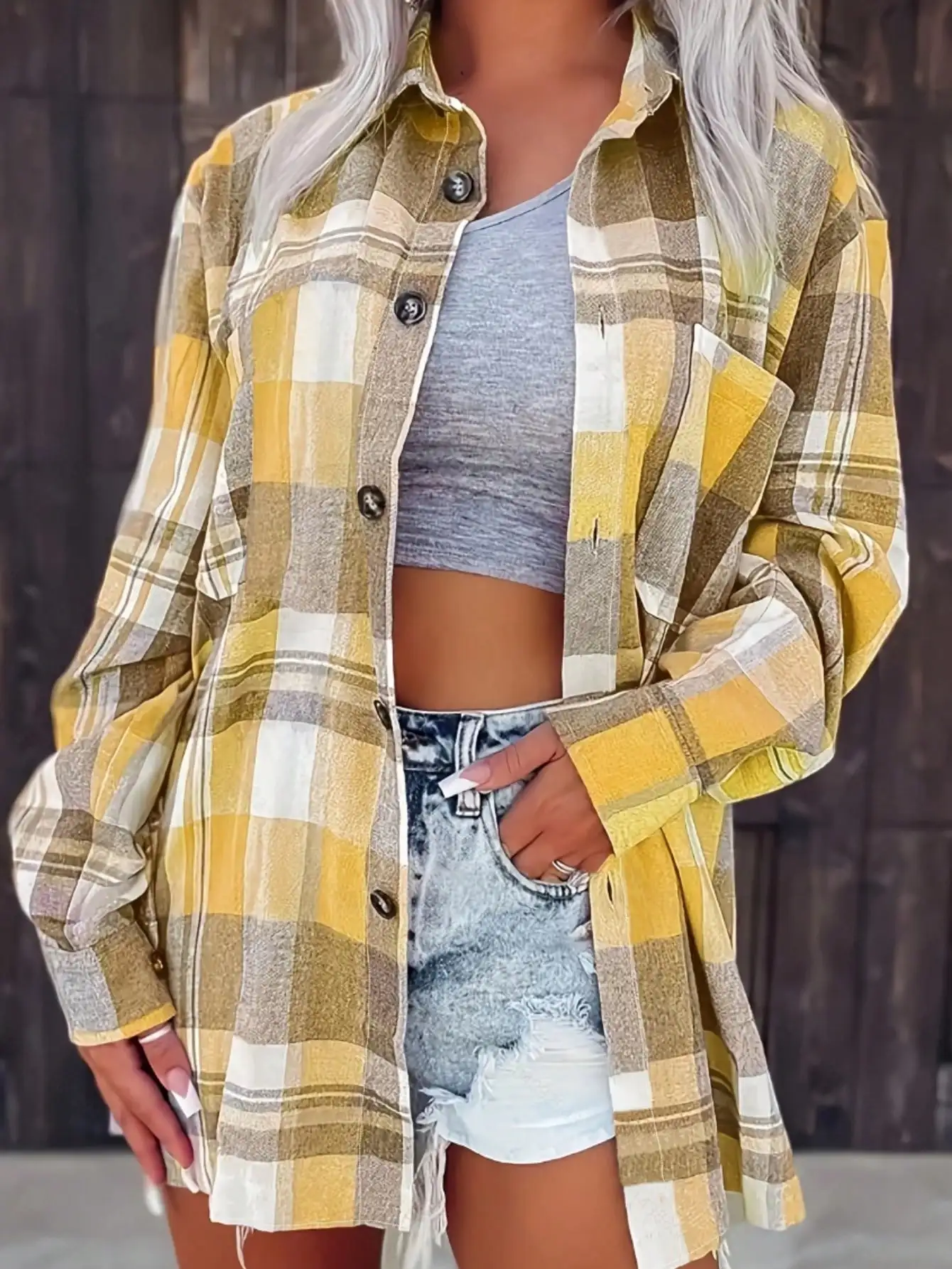 

Женская рубашка с длинными рукавами в желтую клетку, повседневный свободный топ с карманами
