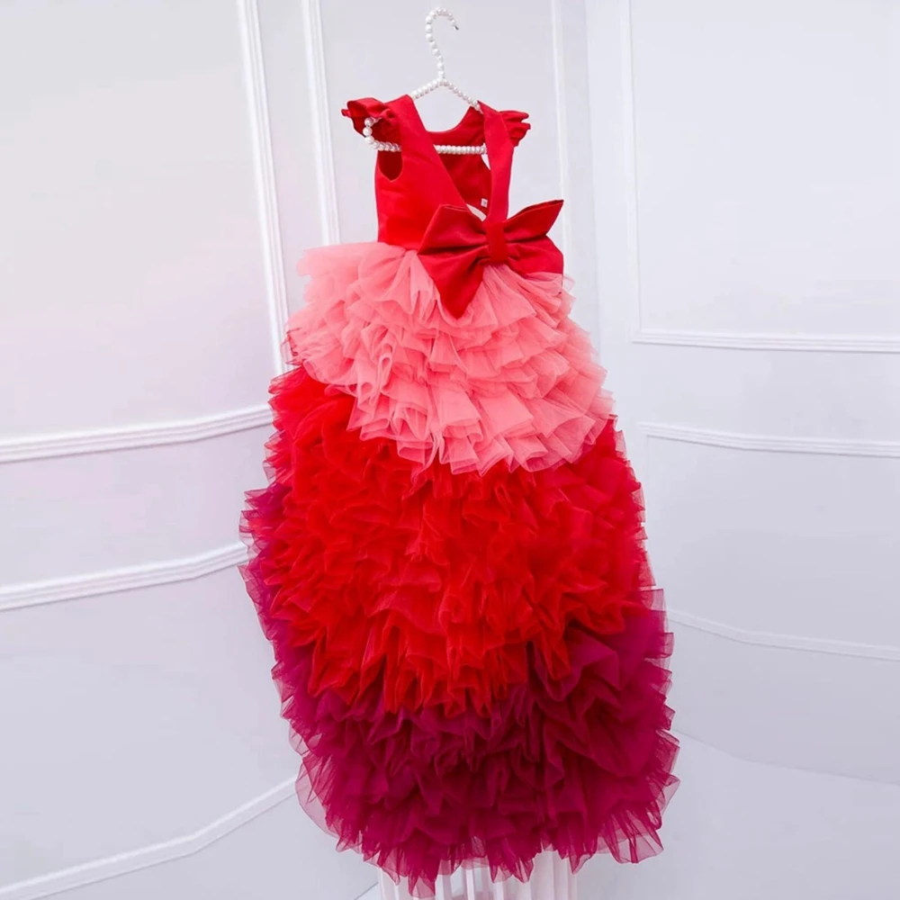 

Элегантное пышное платье принцессы из сетки для девочек, с милым бантом, тюлевыми оборками и цветочным узором, нарядное платье для девочек на день рождения