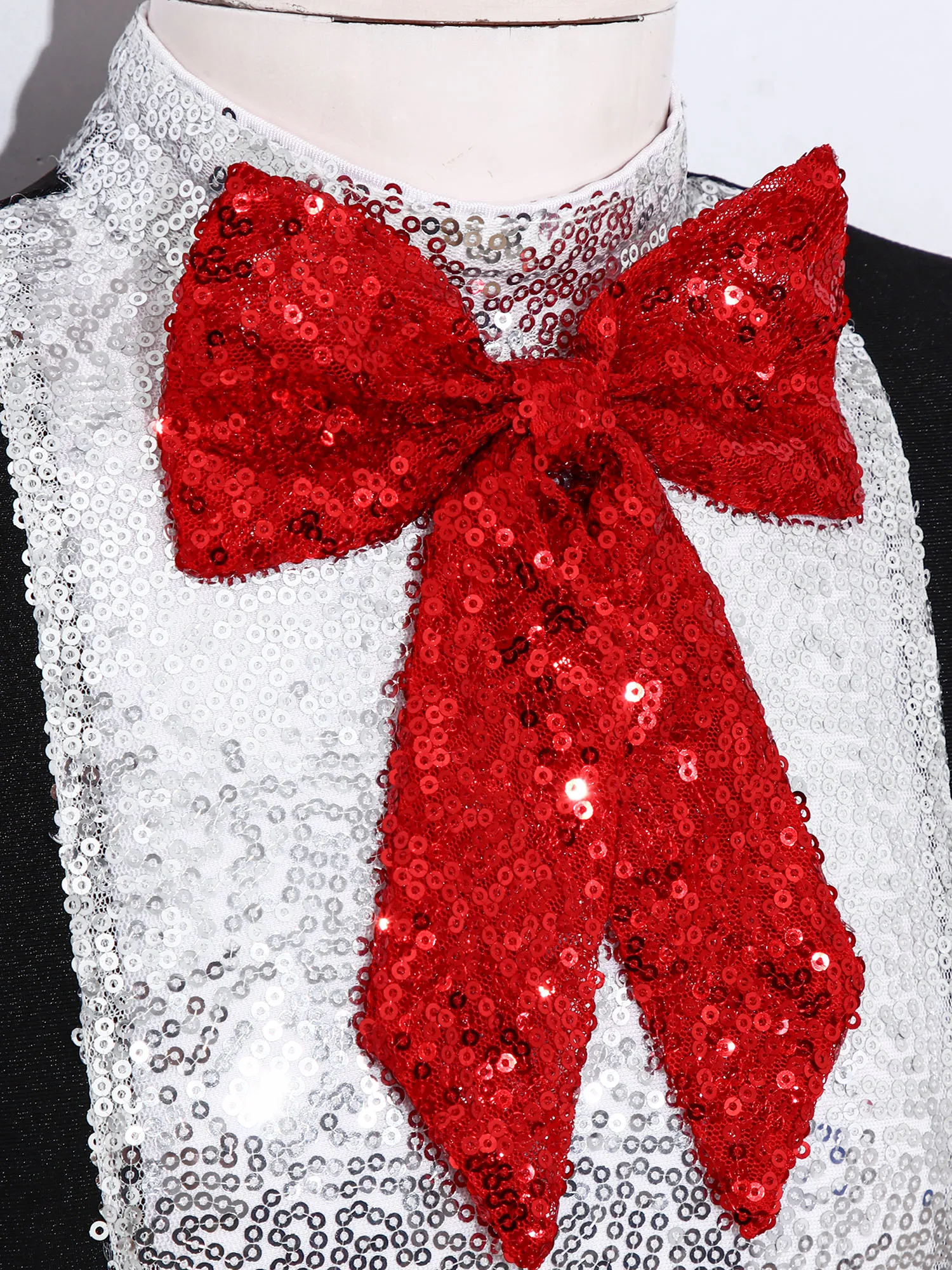 Kids Girls Mock Neck Bowknot and Sequin Bodysuit Mesh Triangle Jumpsuit for Stage Performance Cosplay Themed Party Halloween