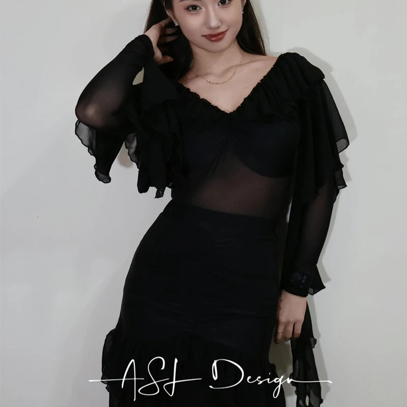 Drijvende Mesh Ballroom Dans Tops Lange Mouwen Zwarte V-hals Maillots Volwassen Vrouwen Latin Dans Kleding Wals Praktijk Slijtage BL18207
