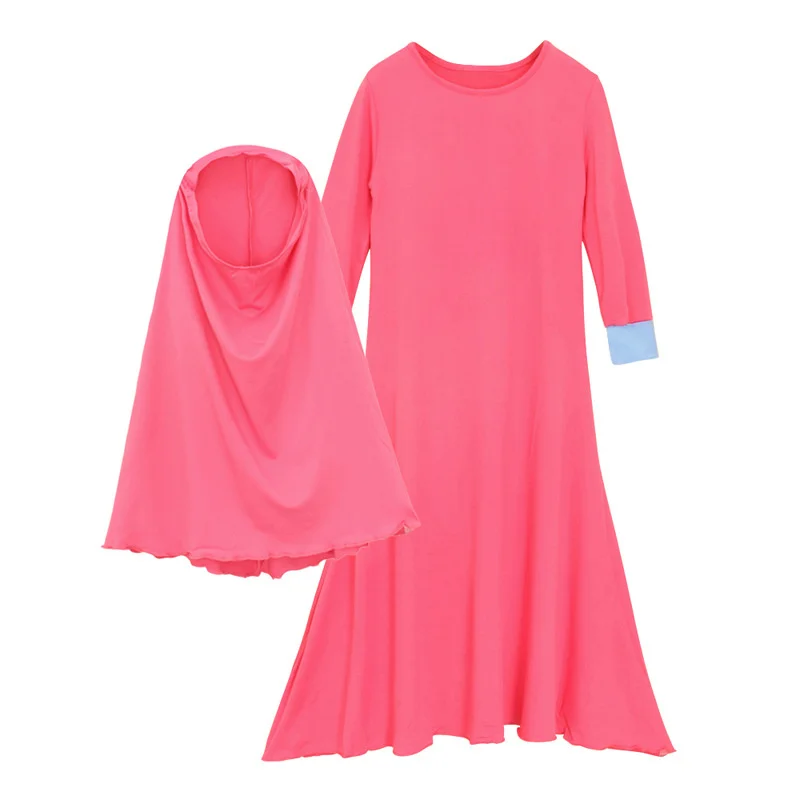 Baby Girls Muslim Long-sleeved Dress Children Spring Solid Colour Gown Kids Turkey Dubai Arabian Clothes With Hijab 2Pcs Outfits