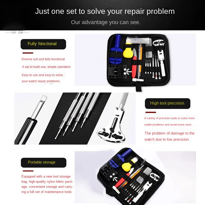 時計修理ツールキット、リンクピンリムーバー、シェルオープナー、時計バッテリー交換、ストラップセット、黒