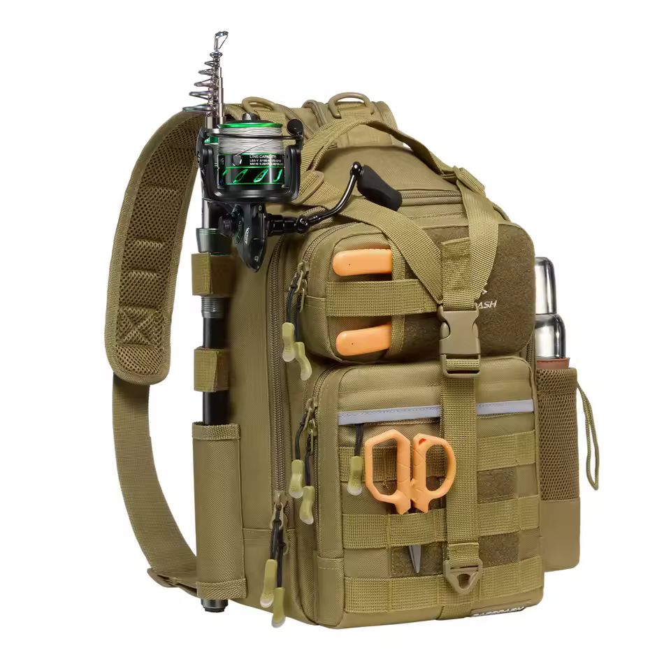 Fishing Backpack Convertible Sling Bag with Rod Holder, Adjustable Tactical Water-resistant Tackle Storage Pack FP07