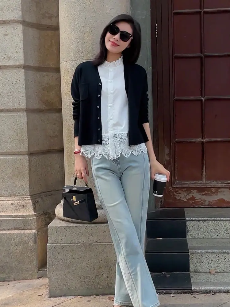 Reine Farbe Spitze Patchwork Einzigen Taste Sommer irt Slim Fit Svel Weste Koreanische Sle Pendeln Wind Gerade Rohr irt