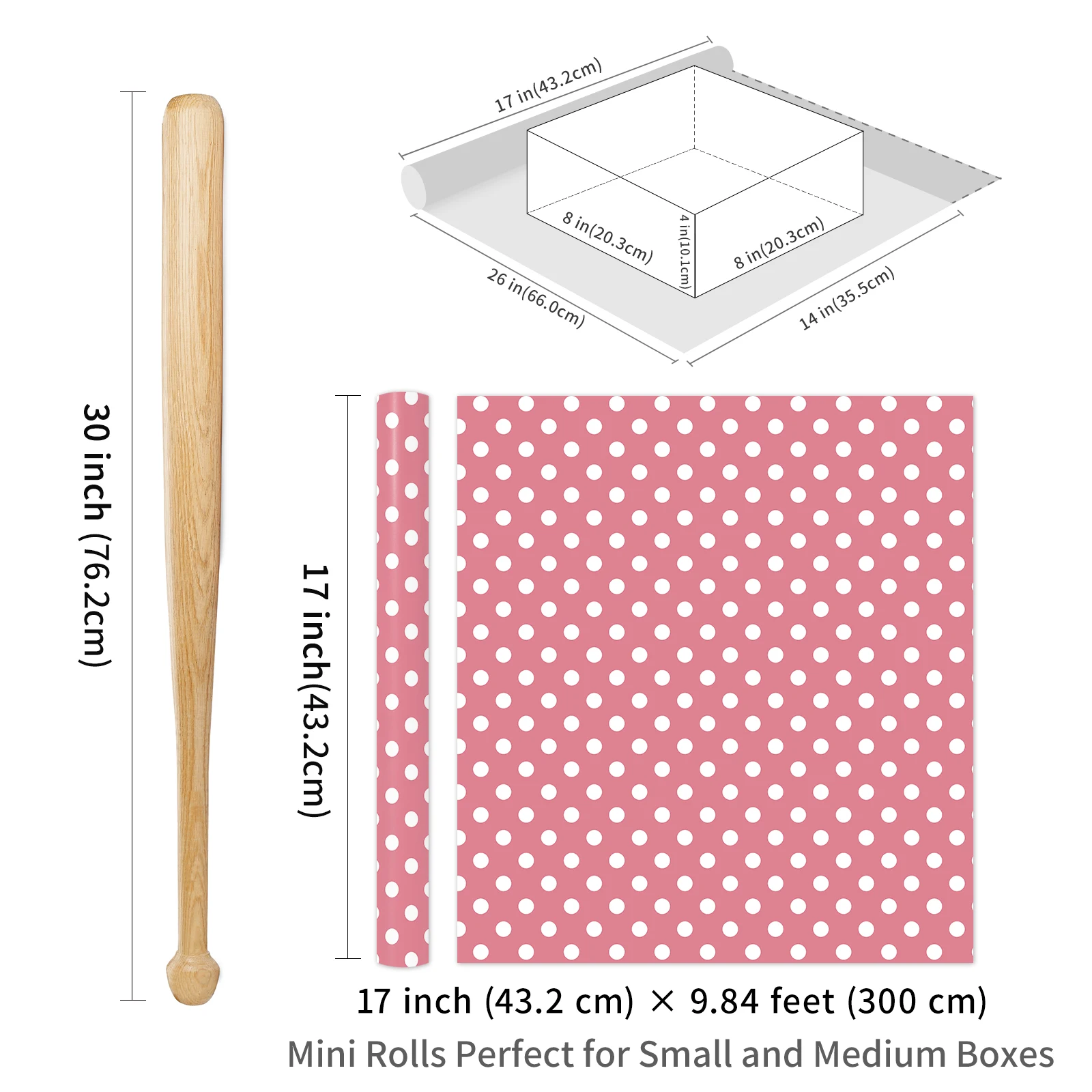 1 Roll of Pink Polka Dot Gift Wrapping Paper, Simple Pink and White Polka Dot Printed Gift Wrapping Roll for Birthdays, Bridal Showers, DIY Craft Decoration, 43.2cm X 300cm