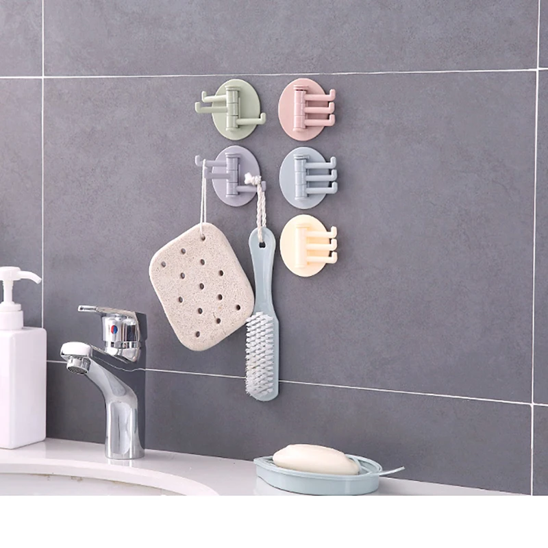Multifunctional Bathroom Hook Rotatable Seamless Adhesive  Hanger Powerful 3 Branch Wall Stick Hooks Kitchen Storage
