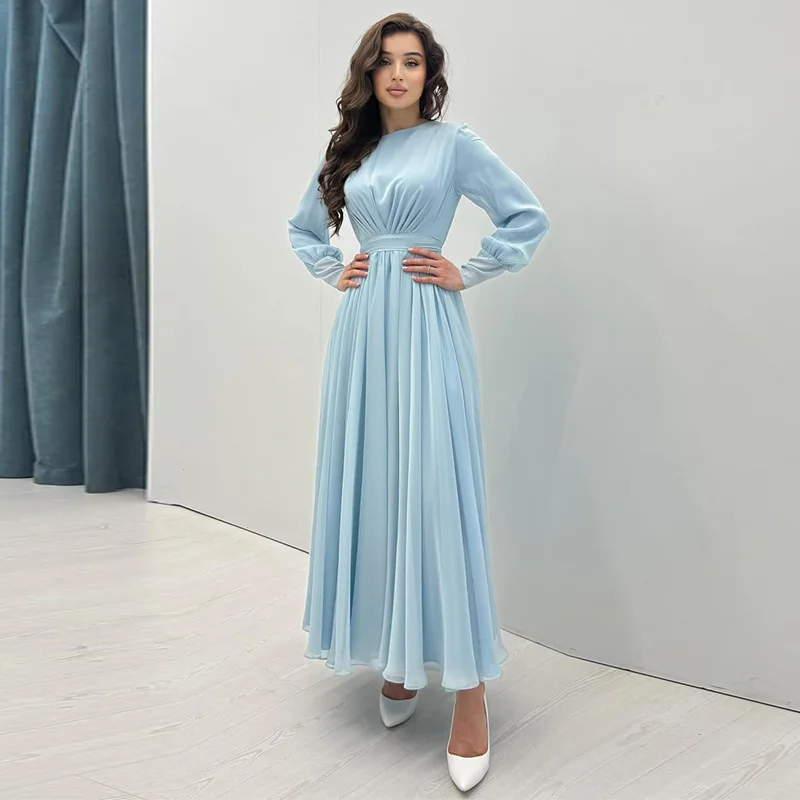 러칭 롱 슬리브 드레스 여성 2025 라이트 블루 슬림 웨이스트 캐주얼 엘레강스 솔리드 컬러 바디콘 미디 드레스