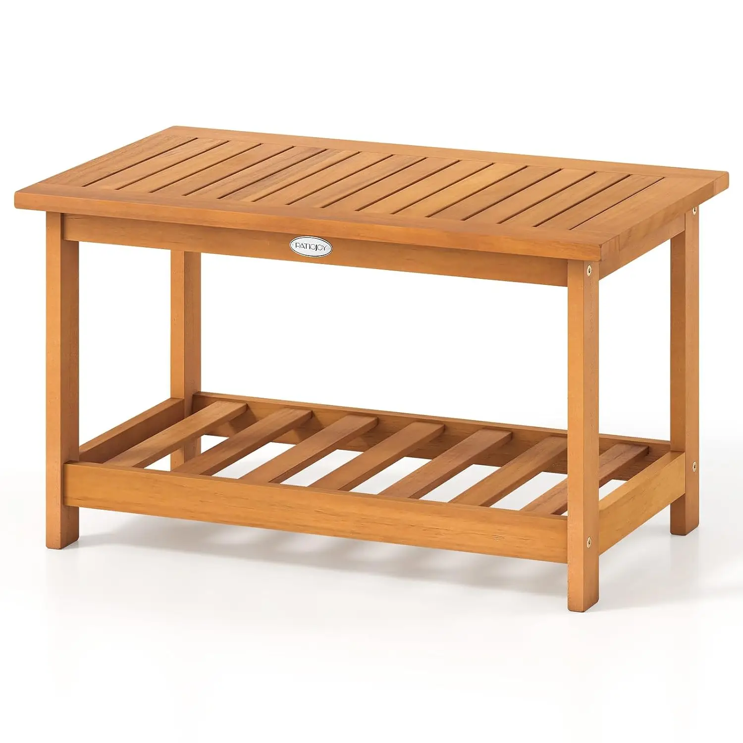 Outdoor Acacia Wood Coffee Table, Patio 29.5” Rectangle Slatted 2 Tier Coffee Table with Storage Shelf, for Outside, Customized