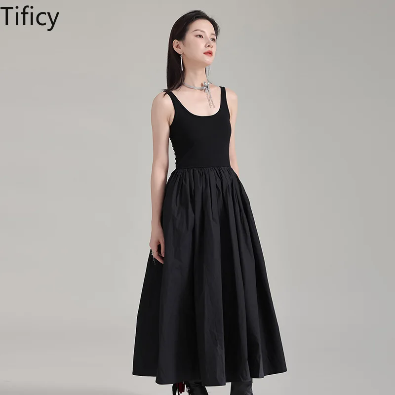 

TIFICY Advanced Sense Hepburn Style Waistless Sleeveless Tank Top Dress for Women's 2024 Summer Knitted Spliced Sleeveless