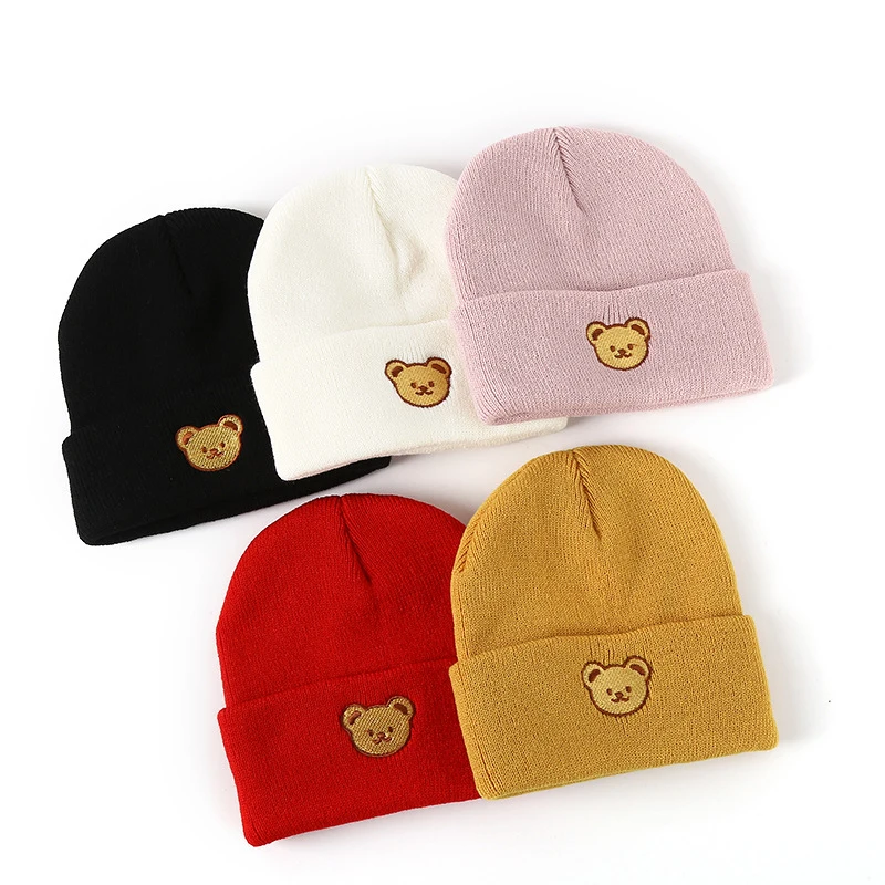 Korean Cartoon Bear Baby Hat Winter Warm Knitted Baby Boys Girls Cap Beanies Soft Solid Color Infant Toddler Hat Bonnet