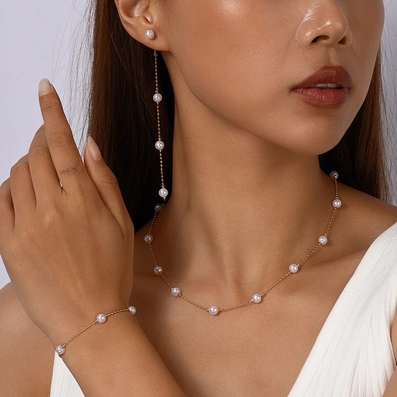 Aihua 4pcs/set Elegant Imitation Pearl Necklace Bracelet Earrings for Women Trendy Jewelry Set Choker Party Wedding Jewelry