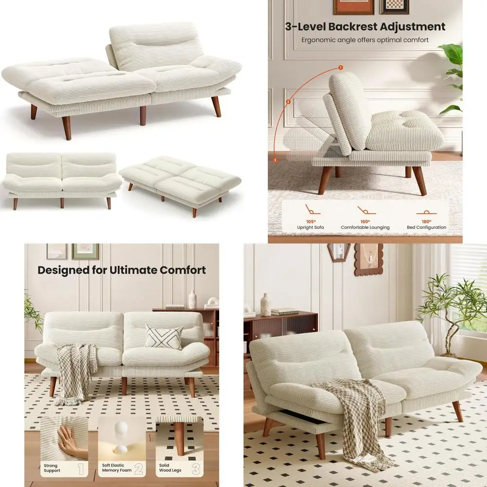 

Трансформируемый диван-кровать 3-в-1 с регулируемой спинкой и подлокотниками, вельветовая ткань, бежевый, для гостиной или офиса