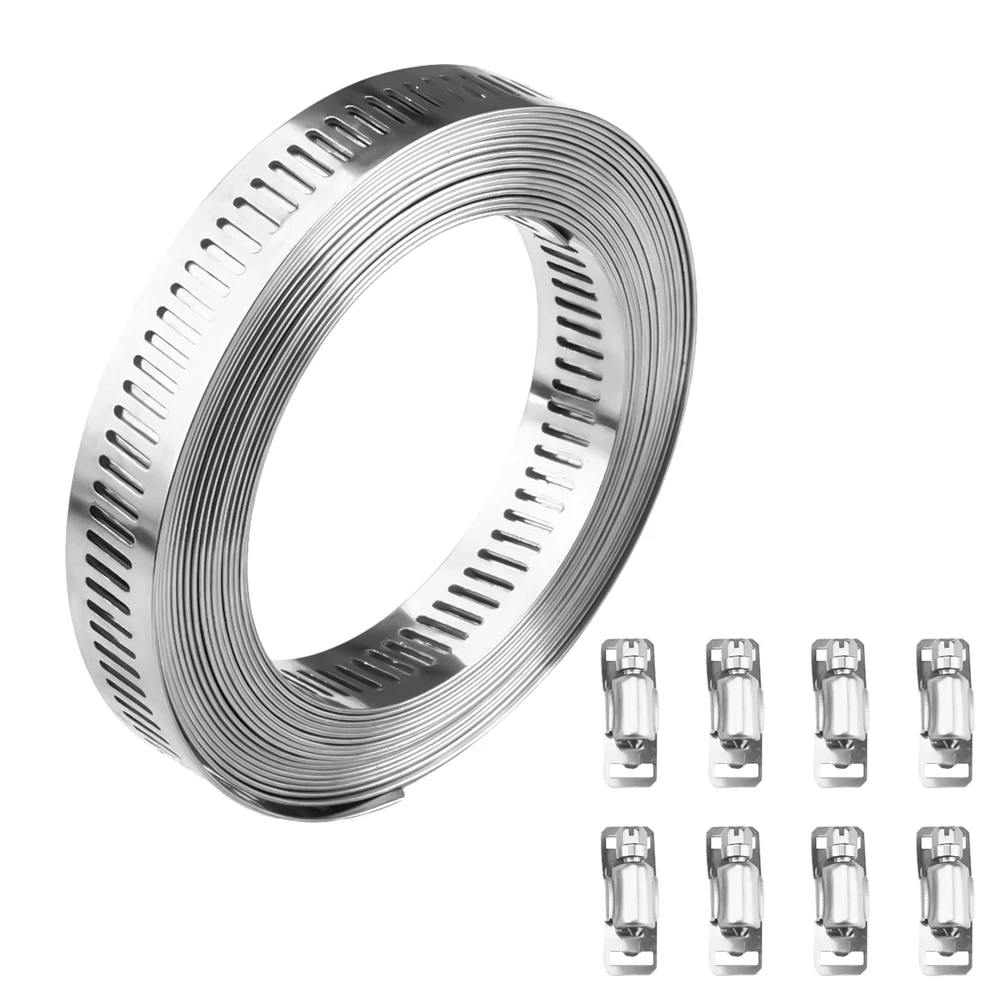 9Pcs/Set 11.5 Feet 304 Stainless Steel Worm Clamp Hose Clamp Strap with Fasteners Adjustable DIY Pipe Hose Clamp Ducting Clamp