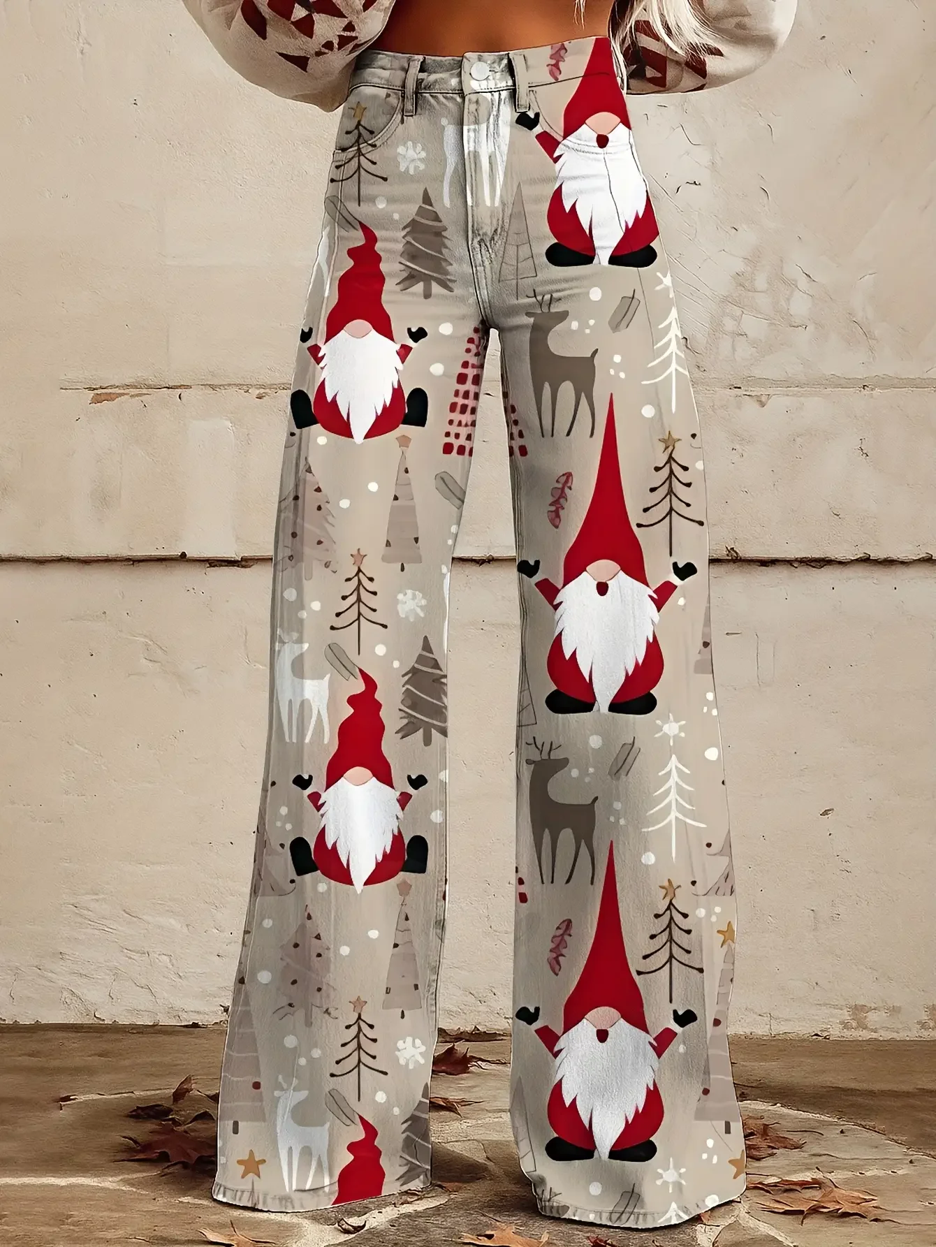 Ladies' imitation denim pants featuring Santa Claus, snowflakes, pine cones, and star patterns for autumn and winter