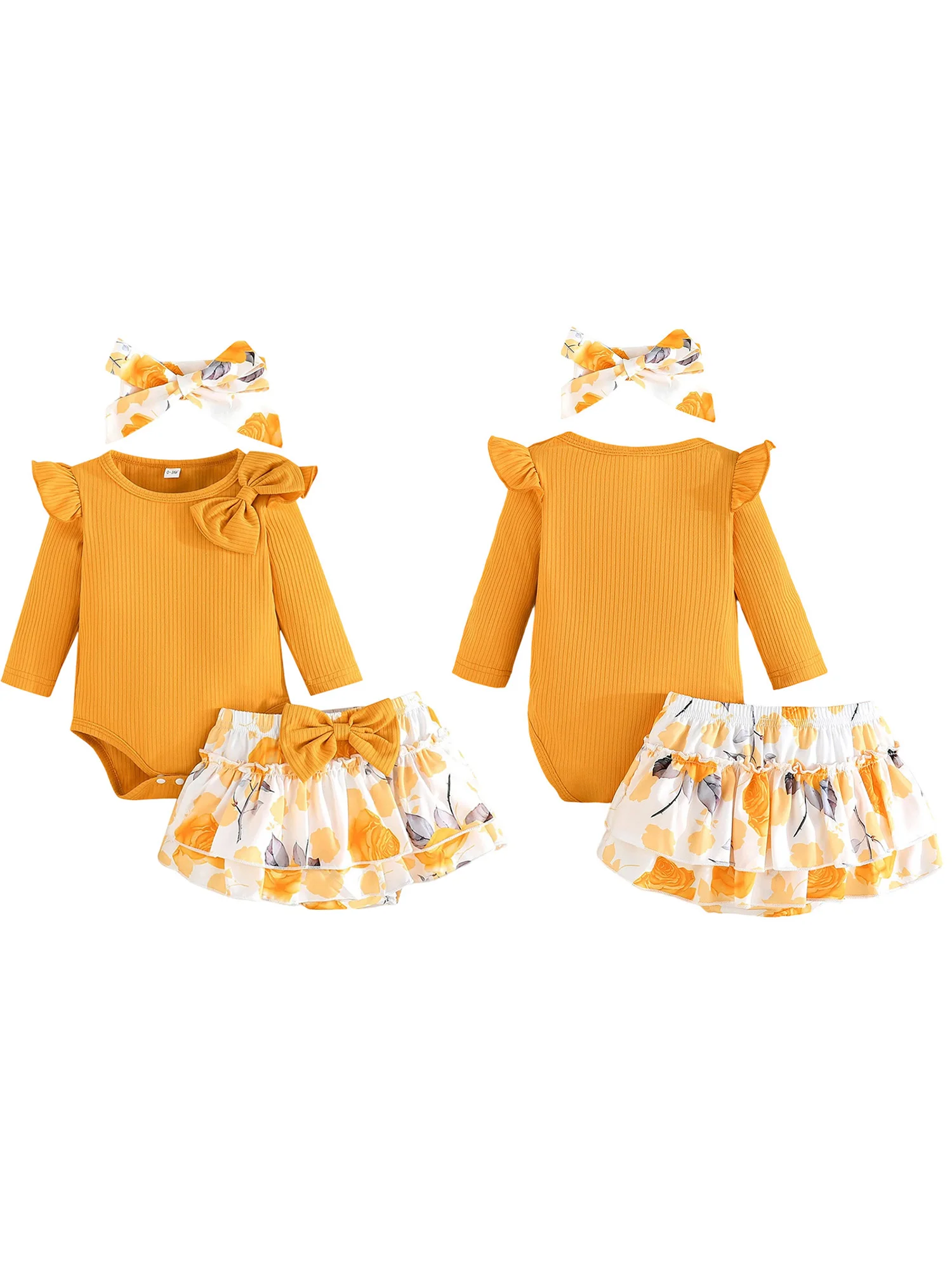 Romper lengan panjang 3 potong untuk bayi perempuan yang menggemaskan dengan detail pita, ikat kepala senada, dan rok bermotif